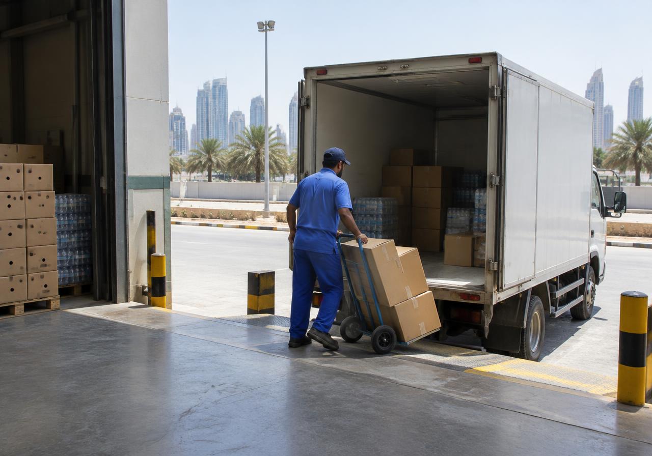 Worker unloading boxes from a delivery truck at a store receiving area