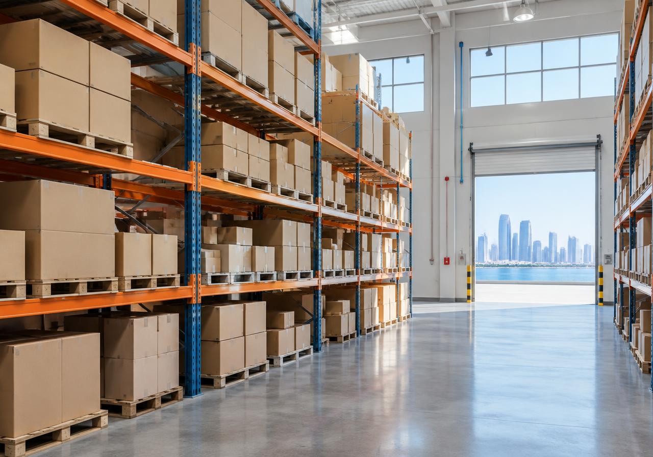 Warehouse shelves stacked with cardboard boxes